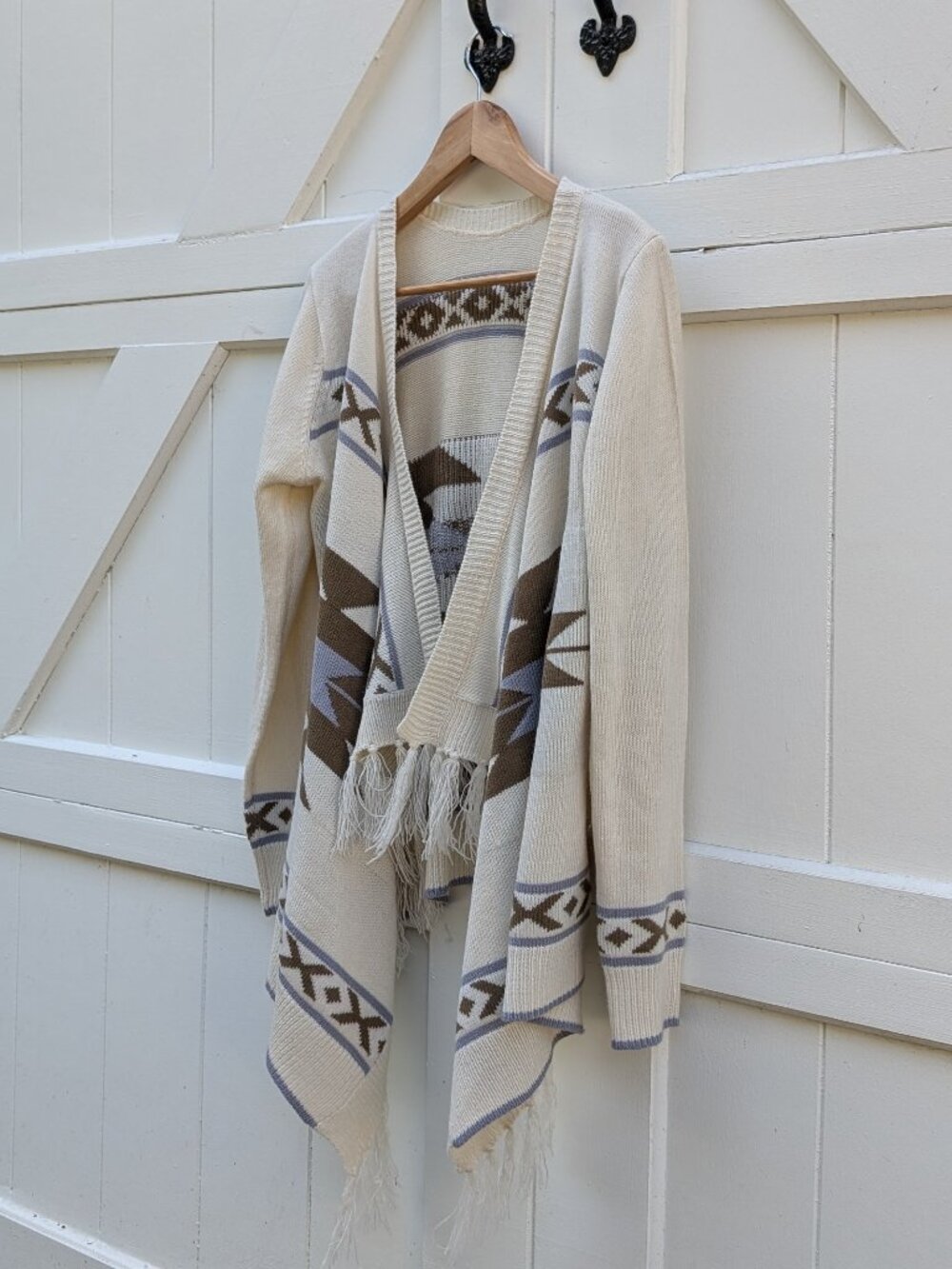 Southwestern Aztec Geometric Draped Fringe Open Front Waterfall Cardigan S/M